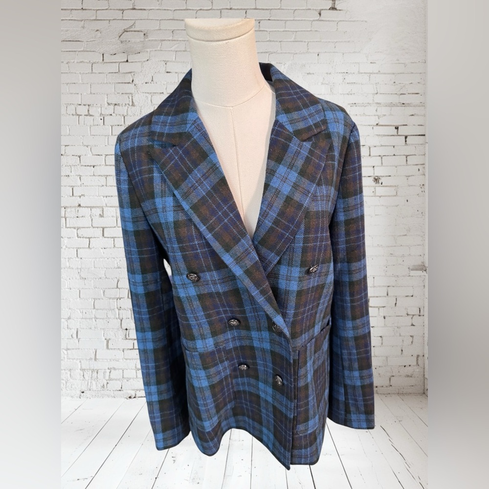 Doe & Rae Blue Plaid Blazer Sz M NWOT | Double Breasted Boutique Layer - Picture 2 of 8